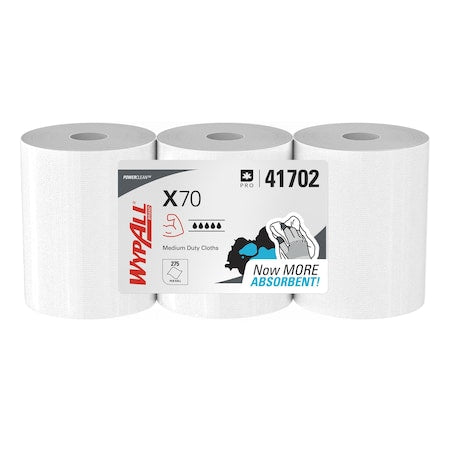 WypAll Power Clean X70 Medium Duty Cloths (41702), Center Pull Roll, Long Lasting, White, 3 Rolls
