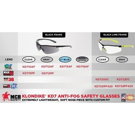 Klondike (KD7), Safety Glasses, Anti-Fog, Clear Lens, Black/Gray Frame, Half Frame