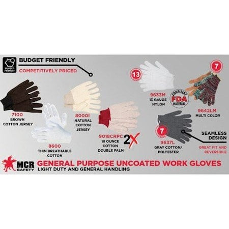 Gloves,Cotton,Brn,Large,8 oz.,PK12
