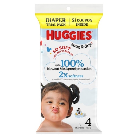 Infant Diapers, Snug & Dry, Polyester, Heavy, 4 Diaper Size, Trial Pack, 3 Diapers/Pack, 30 PK