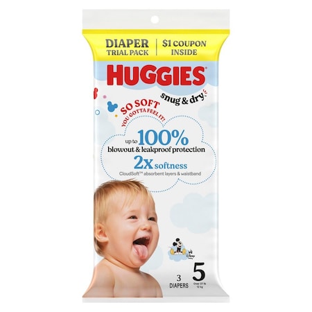 Infant Diapers, Snug & Dry, Polyester, Heavy, 5 Diaper Size, Trial Pack, 3 Diapers/Pack, 30 PK