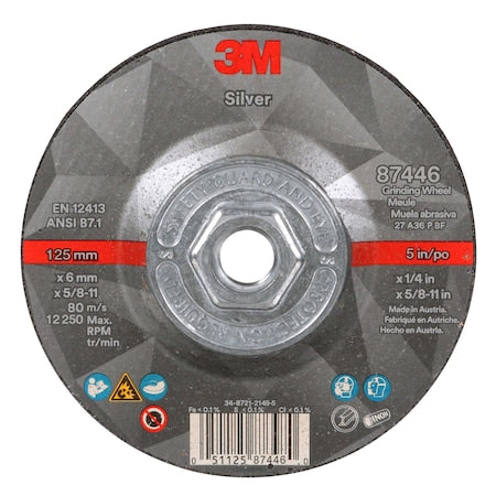 Depressed Center Grinding Wheel, Type 27, 5 in Dia, 0.25 in Thick, 5/8"-11 Arbor Hole Size, Ceramic