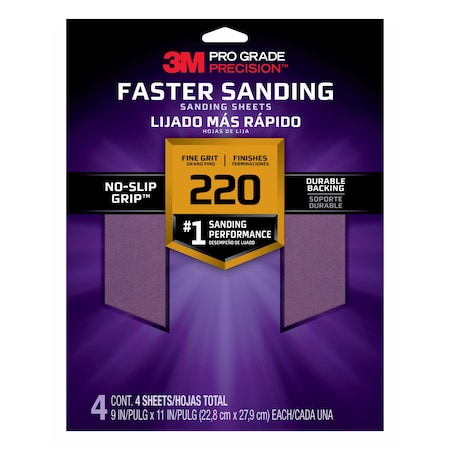 Sandpaper Sheet,220 Grit,9"W,PK4