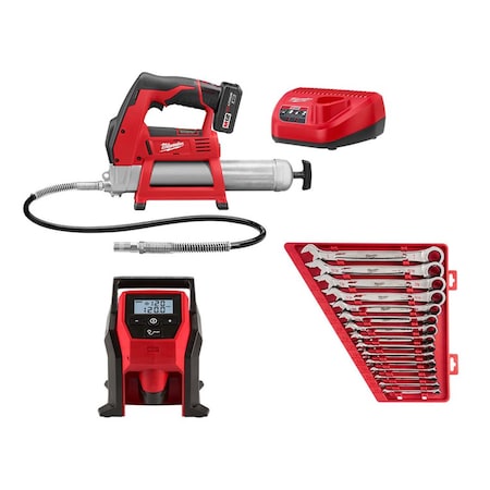 M12 Grease Gun Kit w/ M12 Inflator & 15 PC Ratcheting Wrench Set SAE