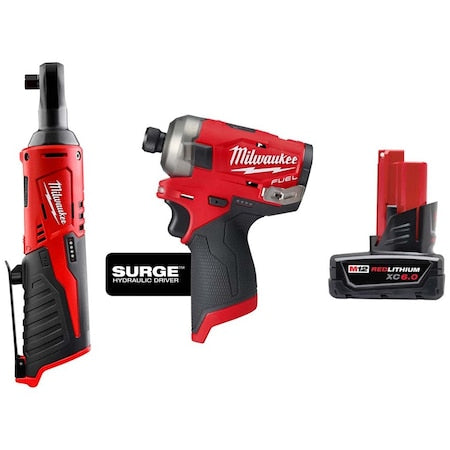 M12 FUEL SURGE 1/4" Hex Hydraulic Driver + M12 Cordless 3/8" Ratchet + M12 XC6.0 Battery