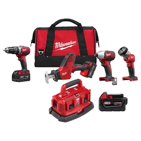 M18 Cordless LITHIUM-ION 4-Tool Combo Kit + M18 Six Pack Sequential Charger + M18 XC5.0 Battery