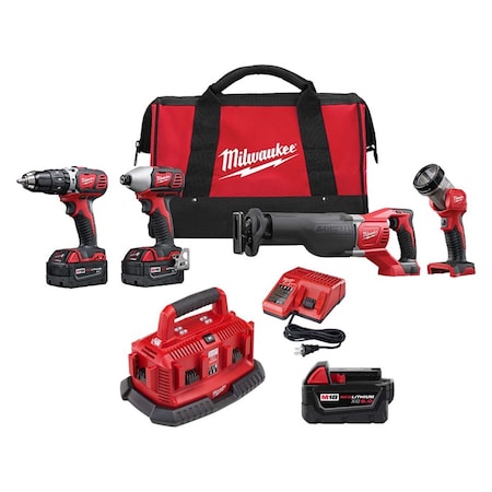 M18 Cordless LI-ION 4-Tool Combo Kit + M18 Six Pack Sequential Charger + M18 XC5.0 Battery