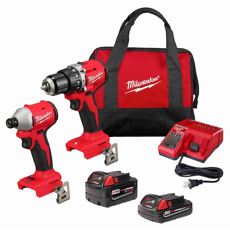 M18 Compact Brushless 2-Tool Kit, Hammer Drill & Impact Driver, 2 Batteries, M18 & M12 Charger, Bag
