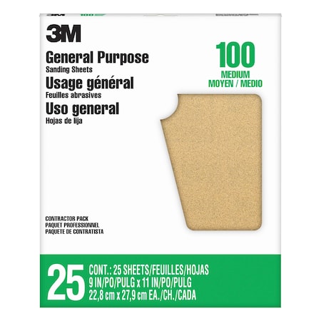 Sandpaper Sheet,100 Grit,9"W, PK25