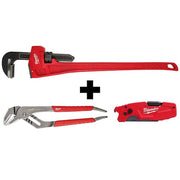 60" Steel Pipe Wrench + 12" Comfort Grip Straight-Jaw Pliers + FASTBACK 6-IN-1 Folding Utility Knife