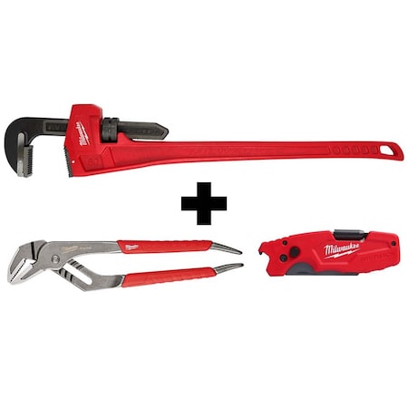 60" Steel Pipe Wrench + 12" Comfort Grip Straight-Jaw Pliers + FASTBACK 6-IN-1 Folding Utility Knife