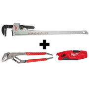48" Aluminum Pipe Wrench + 12" Comfort Grip Straight-Jaw Pliers + FASTBACK 6-IN-1 Utility Knife