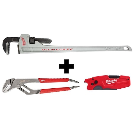 48" Aluminum Pipe Wrench + 12" Comfort Grip Straight-Jaw Pliers + FASTBACK 6-IN-1 Utility Knife
