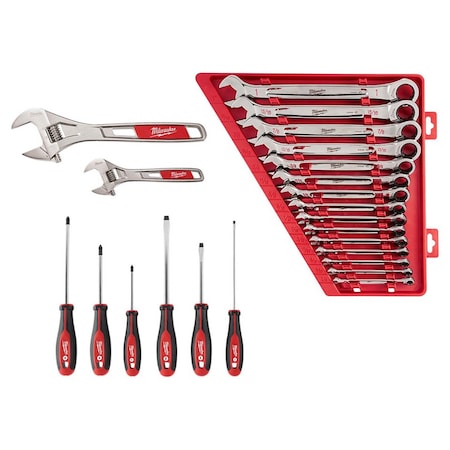 15PC Ratcheting Combination SAE Wrench Set + 6" & 10" Adjustable Wrench Set + 6PC Screwdriver Kit