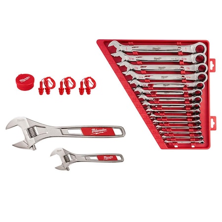 15pc Ratcheting Wrench Set, SAE + 6" & 10" Adjustable Wrench Set + 3PK Reusable Corded Earplugs