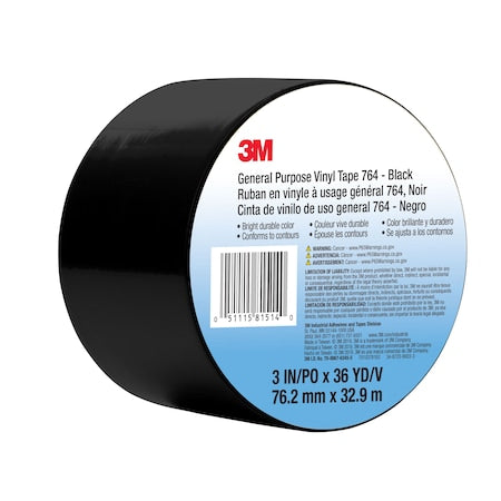 Vinyl Tape, Black, 3" x 36 yd, 5 mil