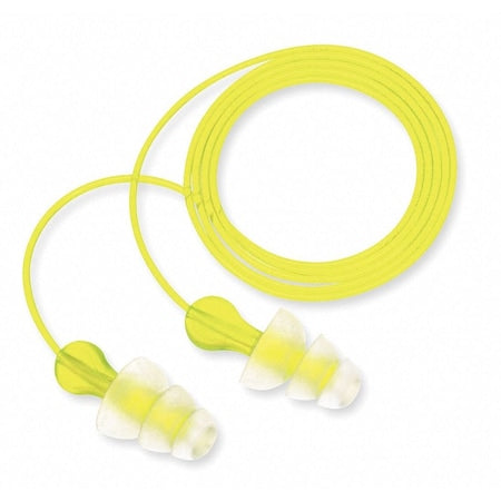 Tri-Flange Reusable Corded Ear Plugs, Fanged Shape, NRR 26 dB, M, Yellow/Clear, 100 Pairs