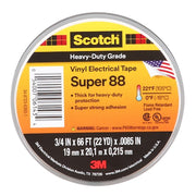 Vinyl Electrical Tape, Super 88, Scotch, 3/4 in L x 66 ft L, 8.5 mil thick, Black, 1 Pack