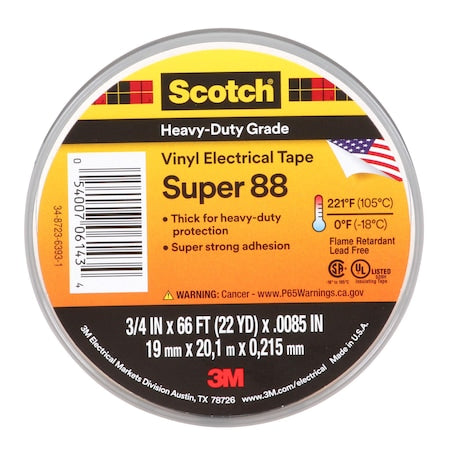 Vinyl Electrical Tape, Super 88, Scotch, 3/4 in L x 66 ft L, 8.5 mil thick, Black, 1 Pack