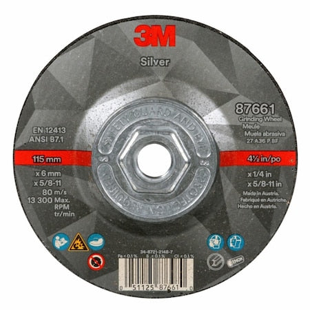 Depressed Center Grinding Wheel, Type 27, 4 1/2 in Dia, 0.25 in Thick, 5/8"-11 Arbor Hole Size