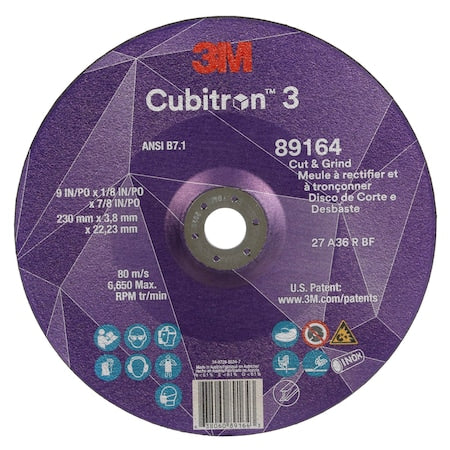 Cut-Off and Grinding Wheel, Type 27, 9 in Dia, 0.125 in Thick, 7/8 in Arbor Hole Size, Ceramic
