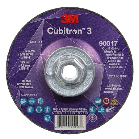 Cut-Off and Grinding Wheel, Type 27, 5 in Dia, 0.156 in Thick, 5/8"-11 Arbor Hole Size, Ceramic