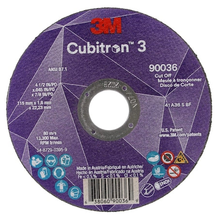Abrasive Cut-Off Wheel, Type 1, 4 1/2 in Dia, 0.045 in Thick, 7/8 in Arbor Hole Size, Ceramic