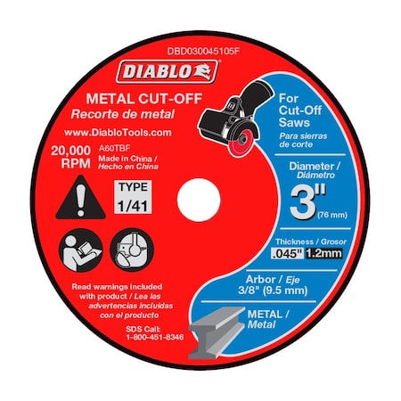 Abrasive Cut-Off Wheel, Type 1, 3 in Dia, 0.045 in Thick, Aluminum Oxide