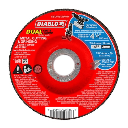 Metal Duo Cut/Grind Disc,1/8 in T, Type 27, 4-1/2 in Dia, 1/8 in Thick, Aluminum Oxide