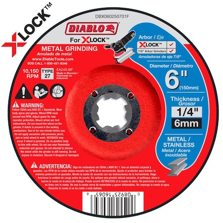 Type 27 Metal Grinding Disc for X-Lock a, Type 27, 6 in Dia, 1/4" Thick, Aluminum Oxide