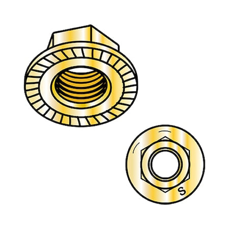 Flange Nut, 1/4"-20, Steel, Grade 8, Zinc Yellow, 0.437 in Hex Wd, 2000 PK