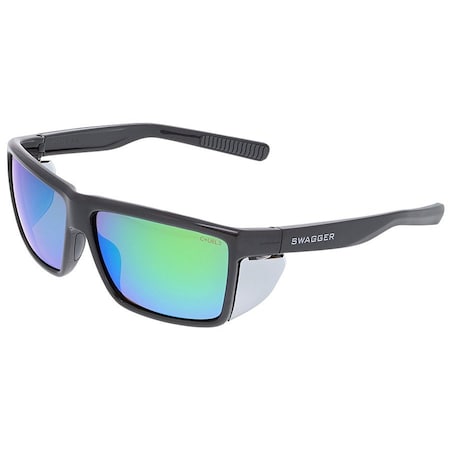 Swagger (SR2), Safety Glasses, Anti-Scratch, Blue Mirror Lens, Black Frame, Full-Frame, Polarized