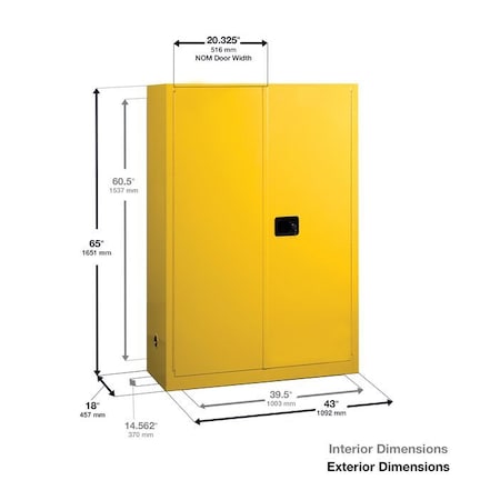 Hazardous Material Storage Cabinet, 60 gal, 5 Shelves, Steel, 43 in W x 65 in H x 18 in D, Yellow
