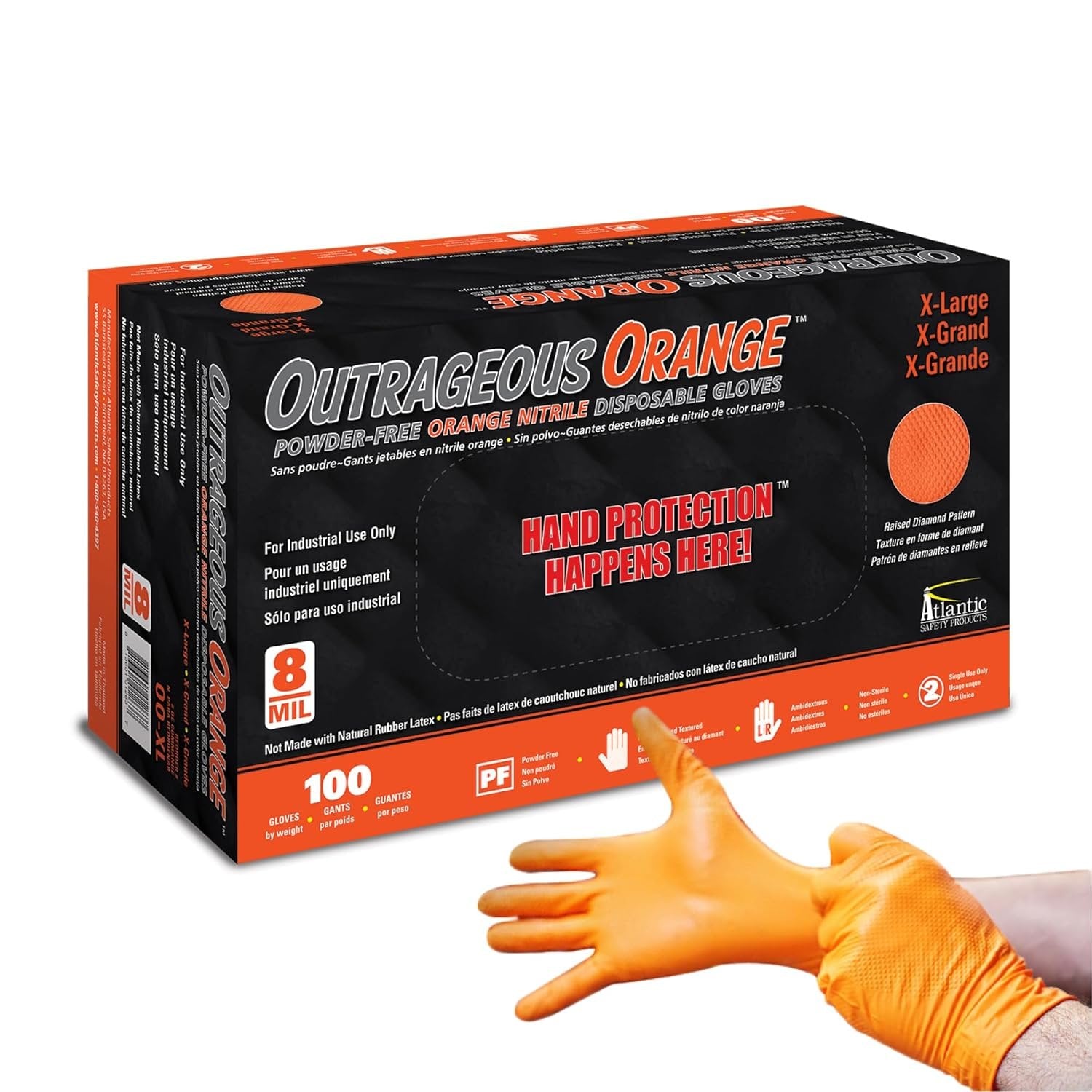 Outrageous Orange — 8 mil Nitrile PF Industrial w/ Raised Diamond Grip, Size XL (case of 1,000)