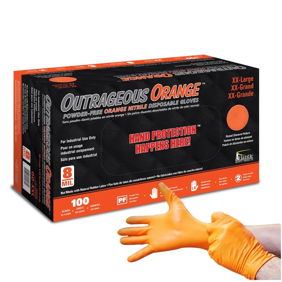 Outrageous Orange — 8 mil Nitrile PF Industrial w/ Raised Diamond Grip, Size XXL (case of 1,000)