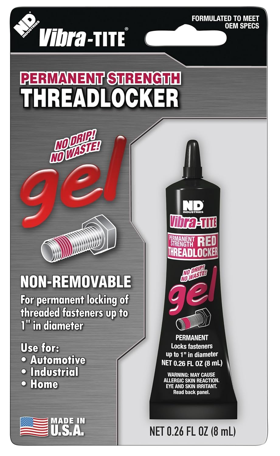 Gel Threadlocker, Permanent Strength, Red — 6 mL