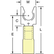 Fork Terminal, 1/4 in Stud Size, 10 AWG, 600 V, Heat Shrink Insulated, Yellow, 250 PK