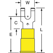Fork Terminal, #8 Stud Size, 10 AWG, 600 V, Vinyl Insulated, Yellow, Crimp Termination Only, 500 PK