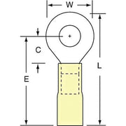 Ring Terminal, 1/4 in Stud Size, 10 AWG, 600 V, Heat Shrink Insulated, Yellow, 250 PK