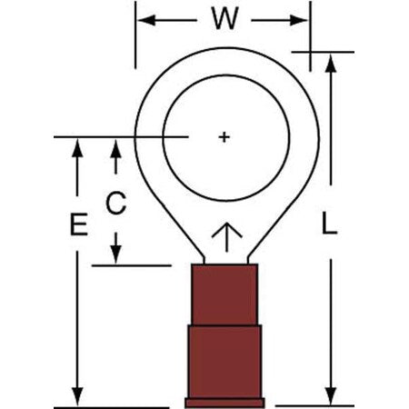 Ring Terminal, 3/8 in Stud Size, 18 AWG, 1,000 V, Nylon Insulated, Red, Crimp Termination Only