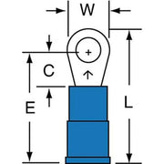Ring Terminal, #6 Stud Size, 14 AWG, 1,000 V, Nylon Insulated, Blue, Crimp Termination Only