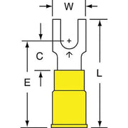 Fork Terminal, #8 Stud Size, 10 AWG, 600 V, Nylon Insulated, Yellow, Crimp Termination Only, 500 PK