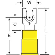 Fork Terminal, #6 Stud Size, 10 AWG, 600 V, Nylon Insulated, Yellow, Crimp Termination Only, 500 PK