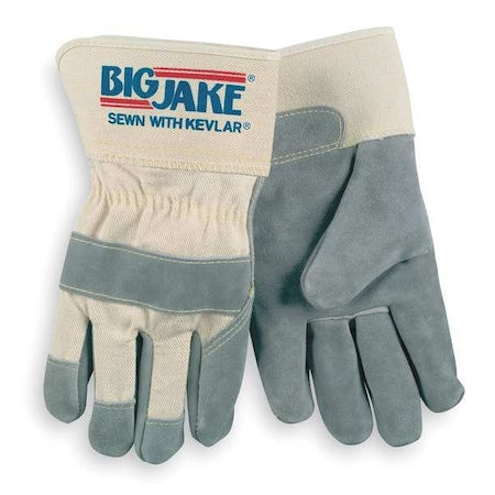 Leather Gloves, Cowhide, Safety Cuff, Wing Thumb, Gray, L, 1 PR
