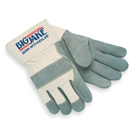 Leather Gloves, Cowhide, Safety Cuff, Wing Thumb, Full Finger, Gray/Tan, M, 1 PR