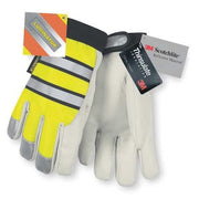 Hi-Vis Cold Protection Mechanics Gloves, Grain Goatskin Palm, Hook-and-Loop Cuff, Black/Lime/White