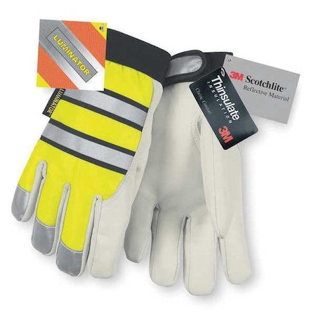 Hi-Vis Cold Protection Mechanics Gloves, Grain Goatskin Palm, Hook-and-Loop Cuff, Black/Lime/White