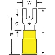 Fork Terminal, #8 Stud Size, 10 AWG, 600 V, Vinyl Insulated, Yellow, Crimp Termination Only, 500 PK