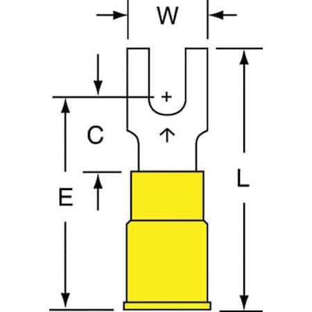 Fork Terminal, #8 Stud Size, 10 AWG, 600 V, Vinyl Insulated, Yellow, Crimp Termination Only, 500 PK