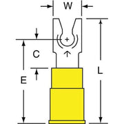 Fork Terminal, #6 Stud Size, 10 AWG, 600 V, Vinyl Insulated, Yellow, Crimp Termination Only, 500 PK